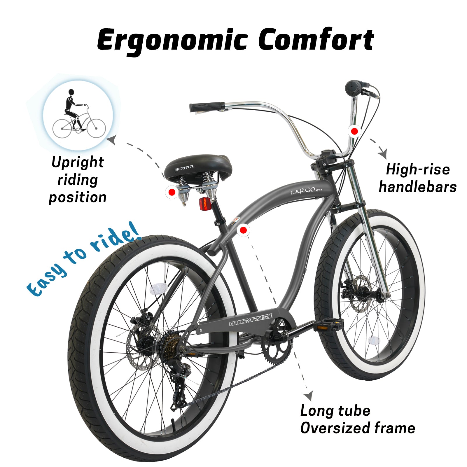 Micargi Largo GT7 26 Beach Cruiser Bikes 7 speed Micargi Bike
