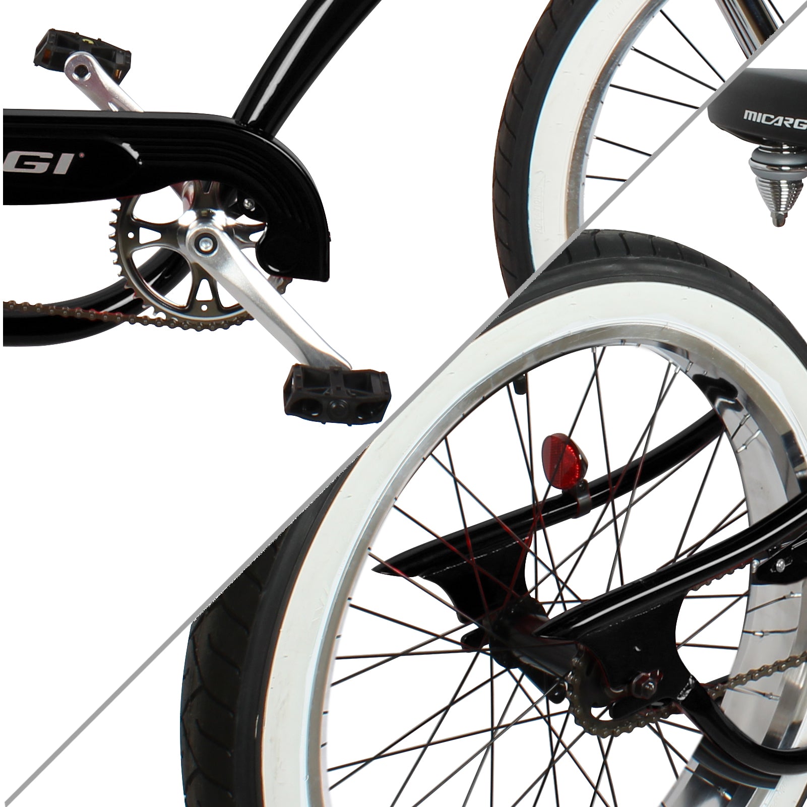 close up of Micargi Bronco3.0 26" Cruiser Beach Bike sturdy crankset chrome rim