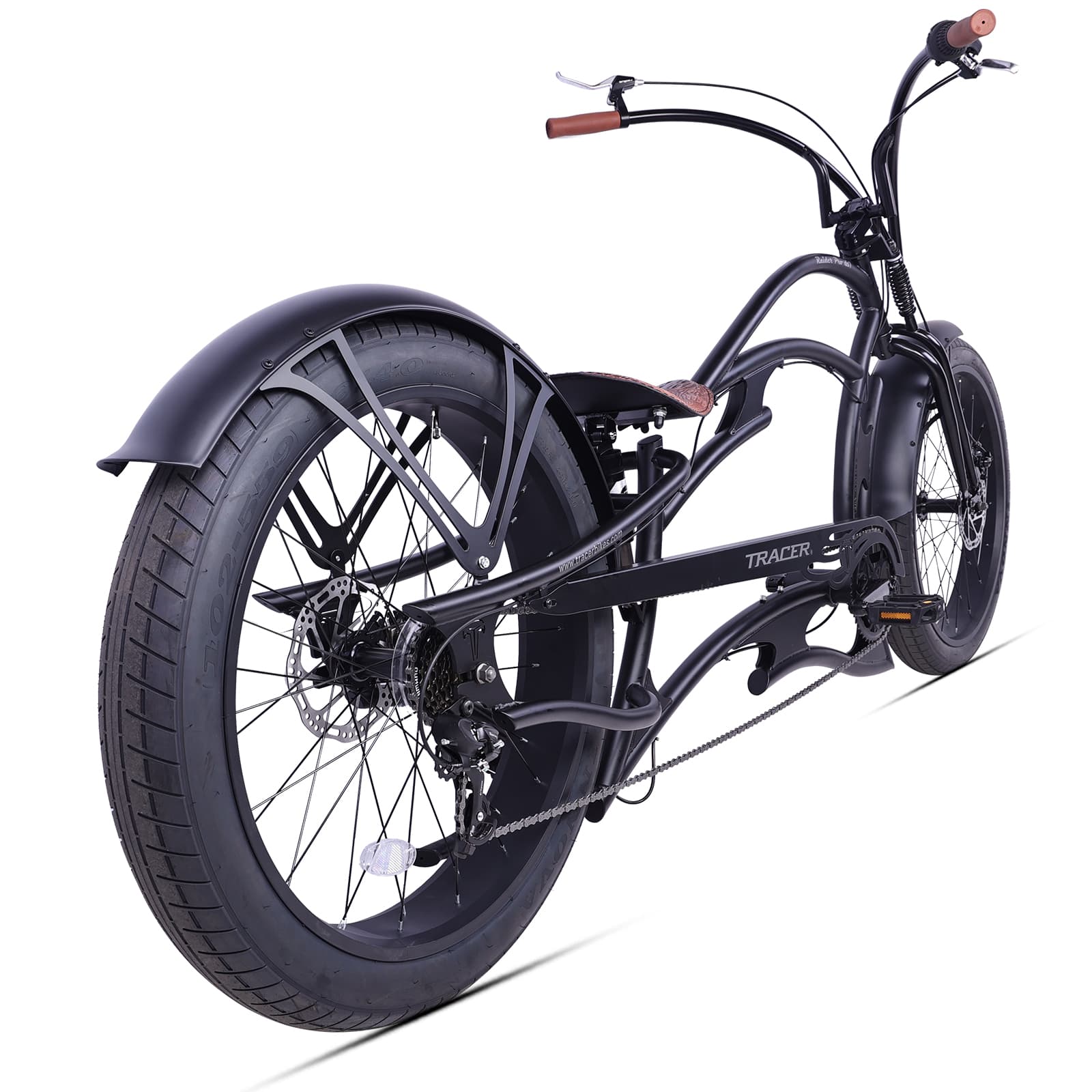 Side view of Tracer Raider pro ds 7-speed cruiser beach stretch bike with fenders disc brake Matte Balck