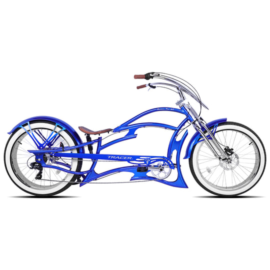 Raider pro ds 7-speed stretch chopper cruiser bike v handlebar with oversized steel frame blue disc brake 