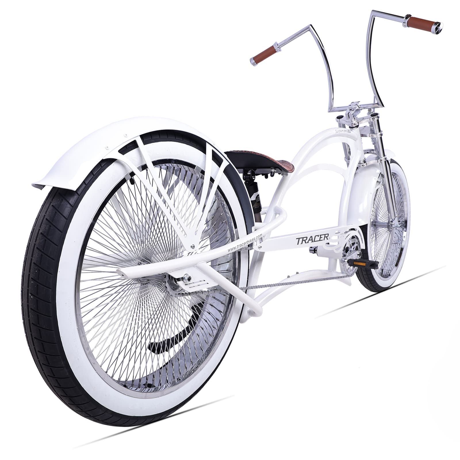 side view of tracer scorpion pro dts stretch cruiser bike hi-rise handlebar fat tire  white 26inch with fenders