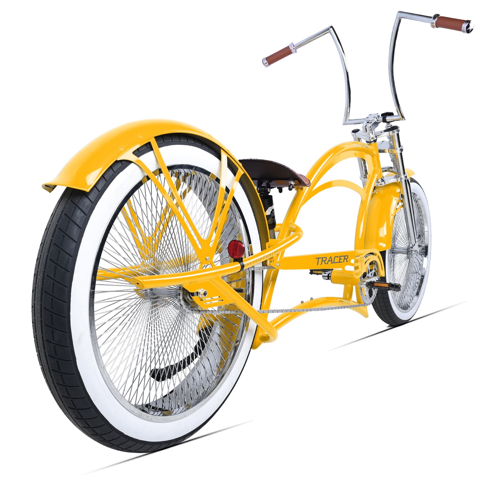 Side View of Tracer Scorpion Pro DTS Stretch Beach Cruiser Bike 26inch Yellow with Coaster Brake Dual Spring Fork