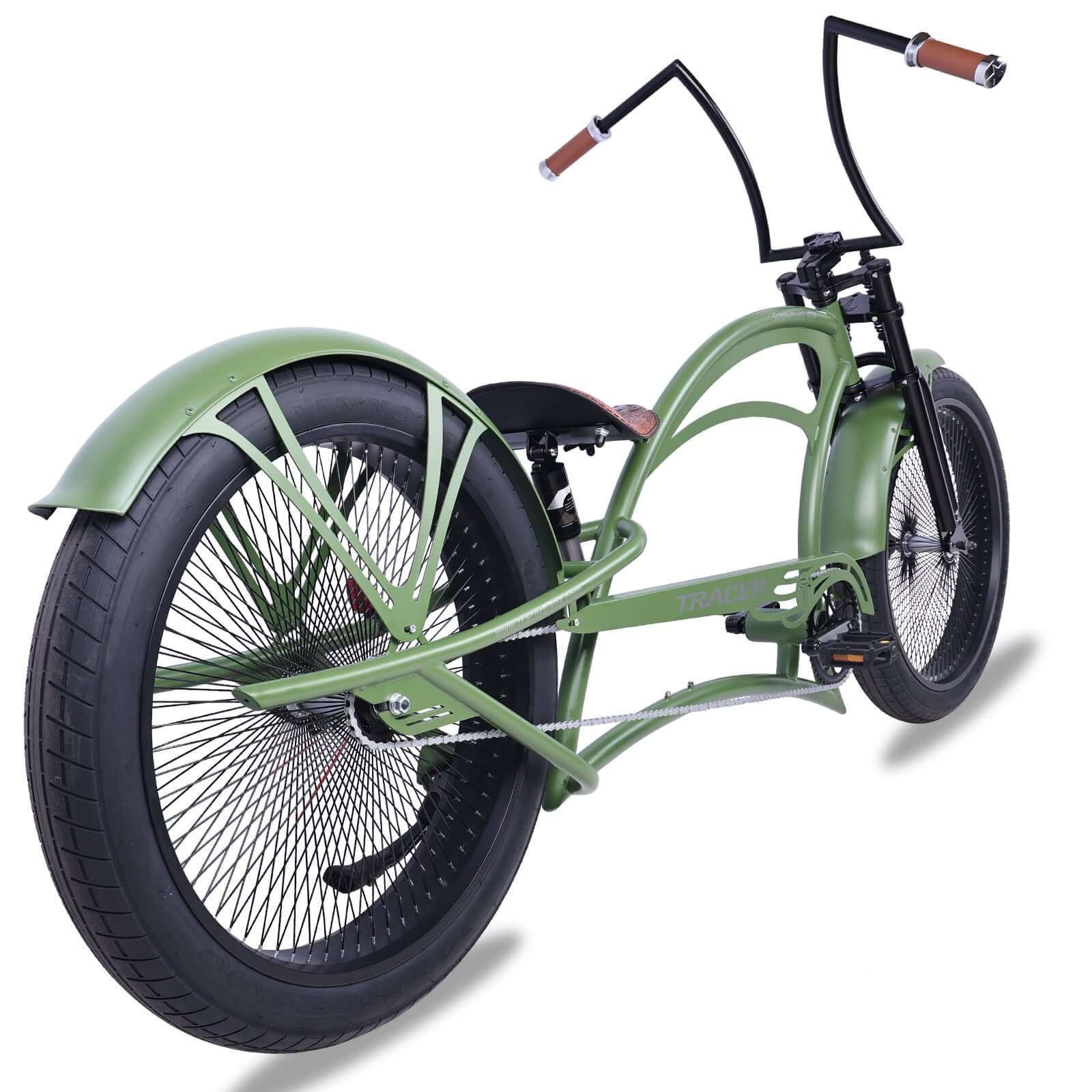 Side View of Tracer Scorpion Pro DTS Beach Cruiser Chopper Bike 26inch Army Green Steel Frame