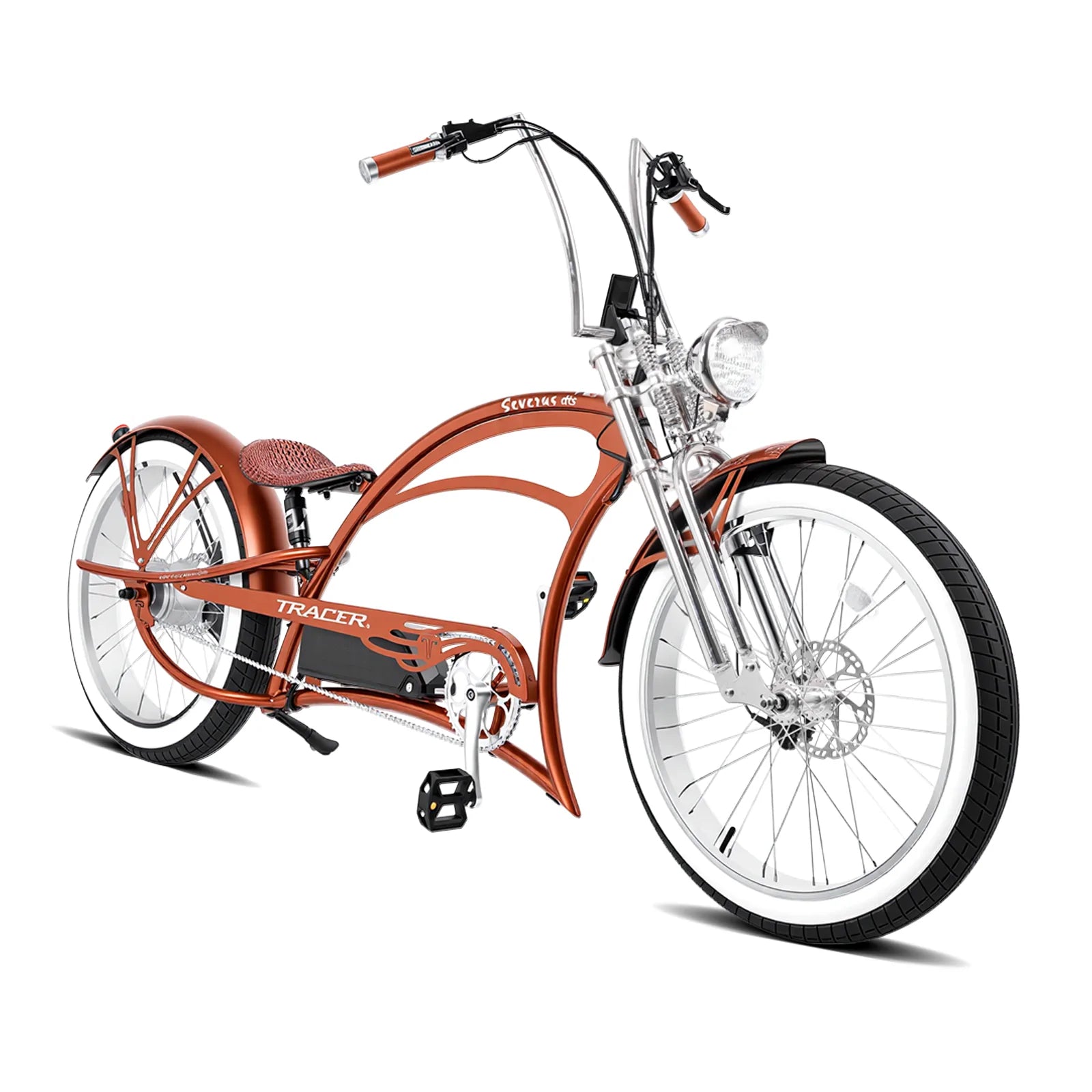 Severus DTS brown electric chopper bike front 45 degree view