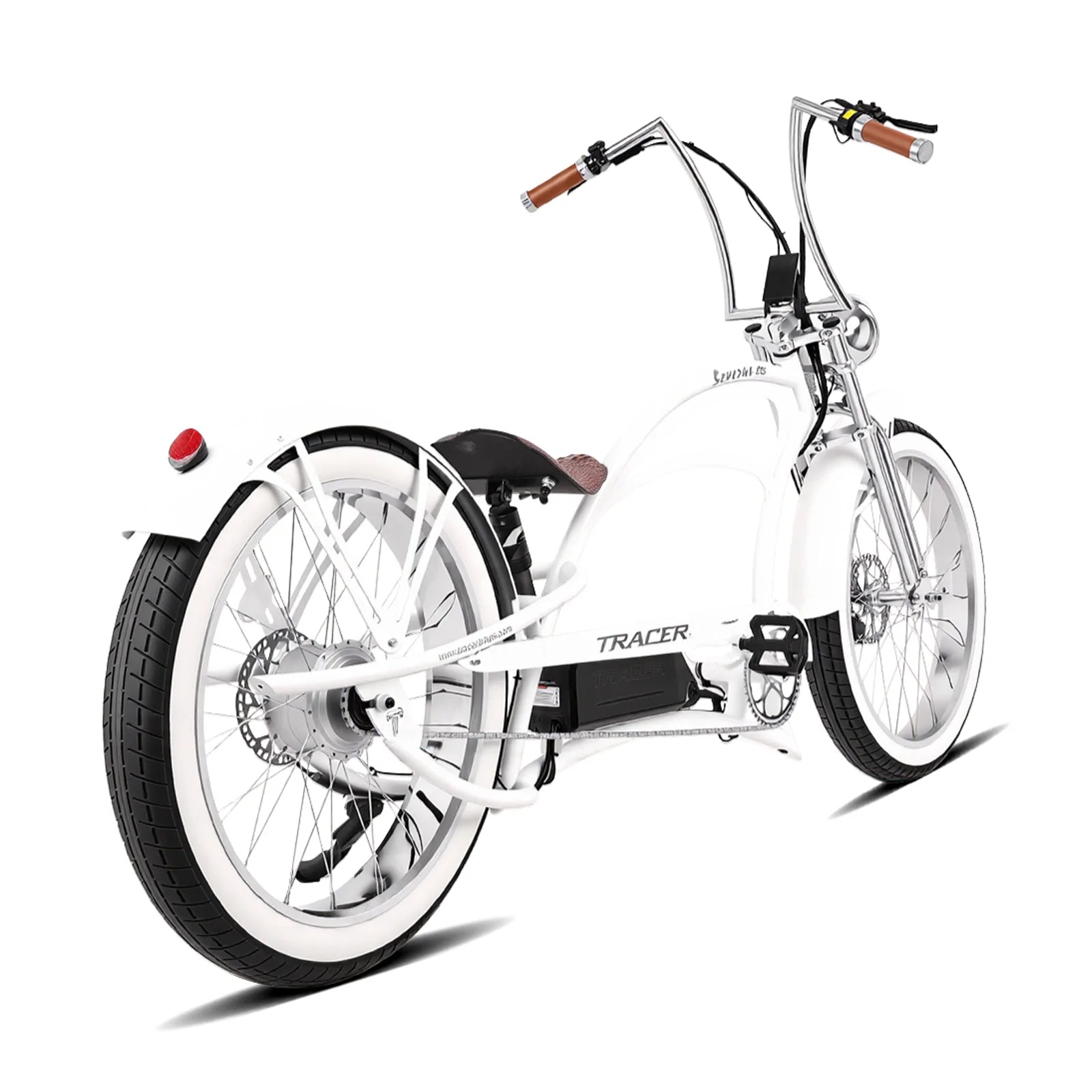 Severus DTS white stretch cruiser e-bike rear 45 degree view