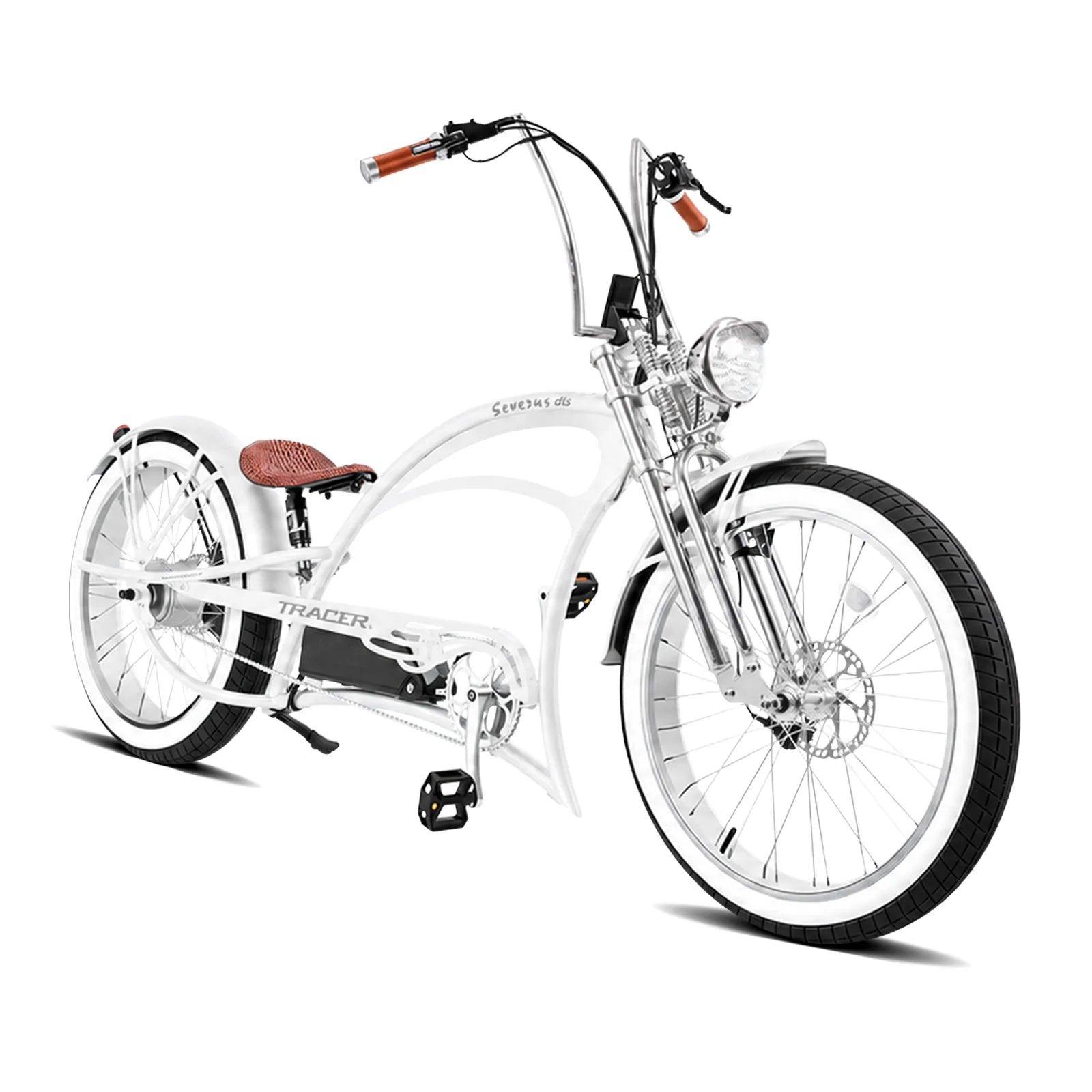 Severus DTS white electric chopper bike front 45 degree view