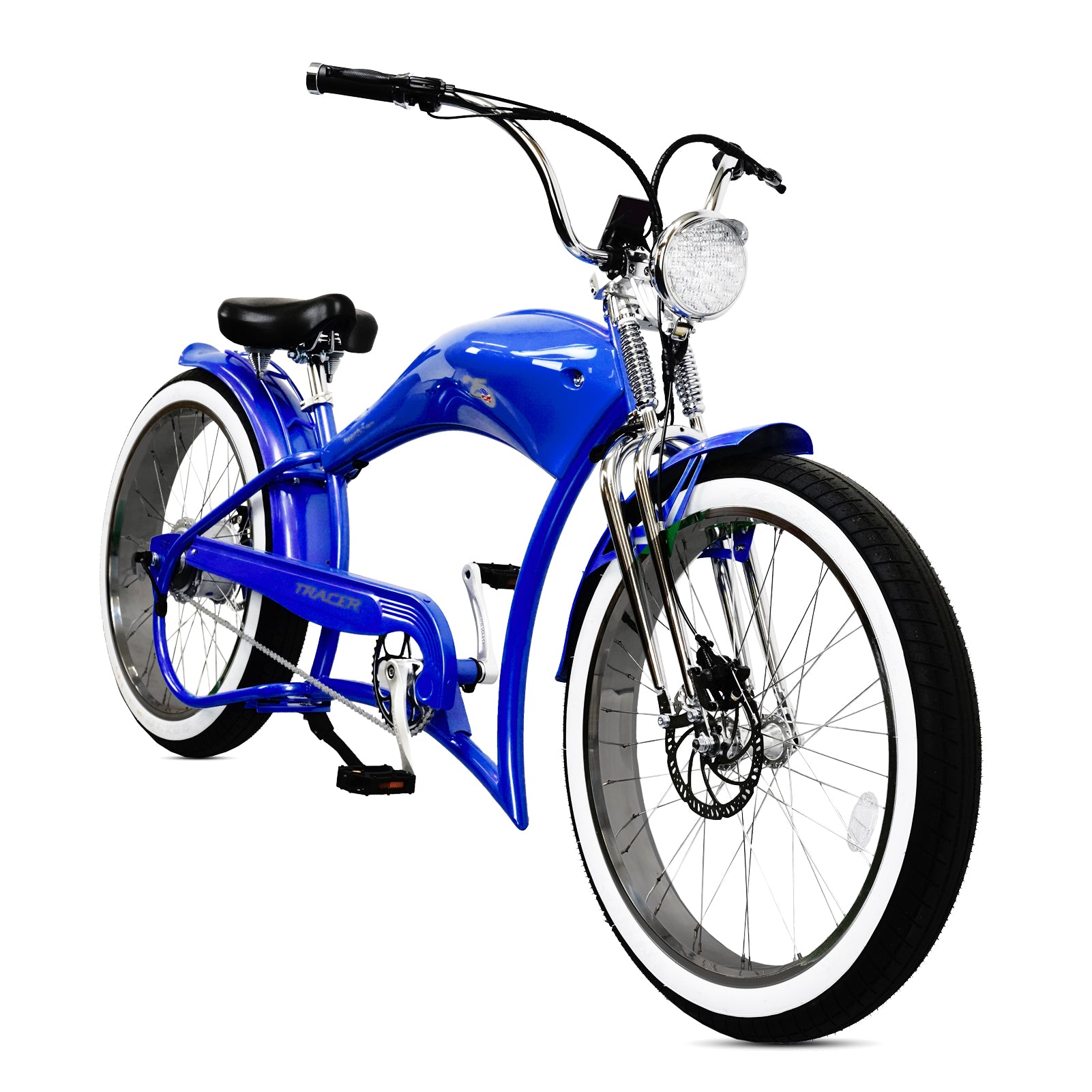 Side view of Tracer Twenty5 DS 500W Chopper Cruiser E-Bike in blue
