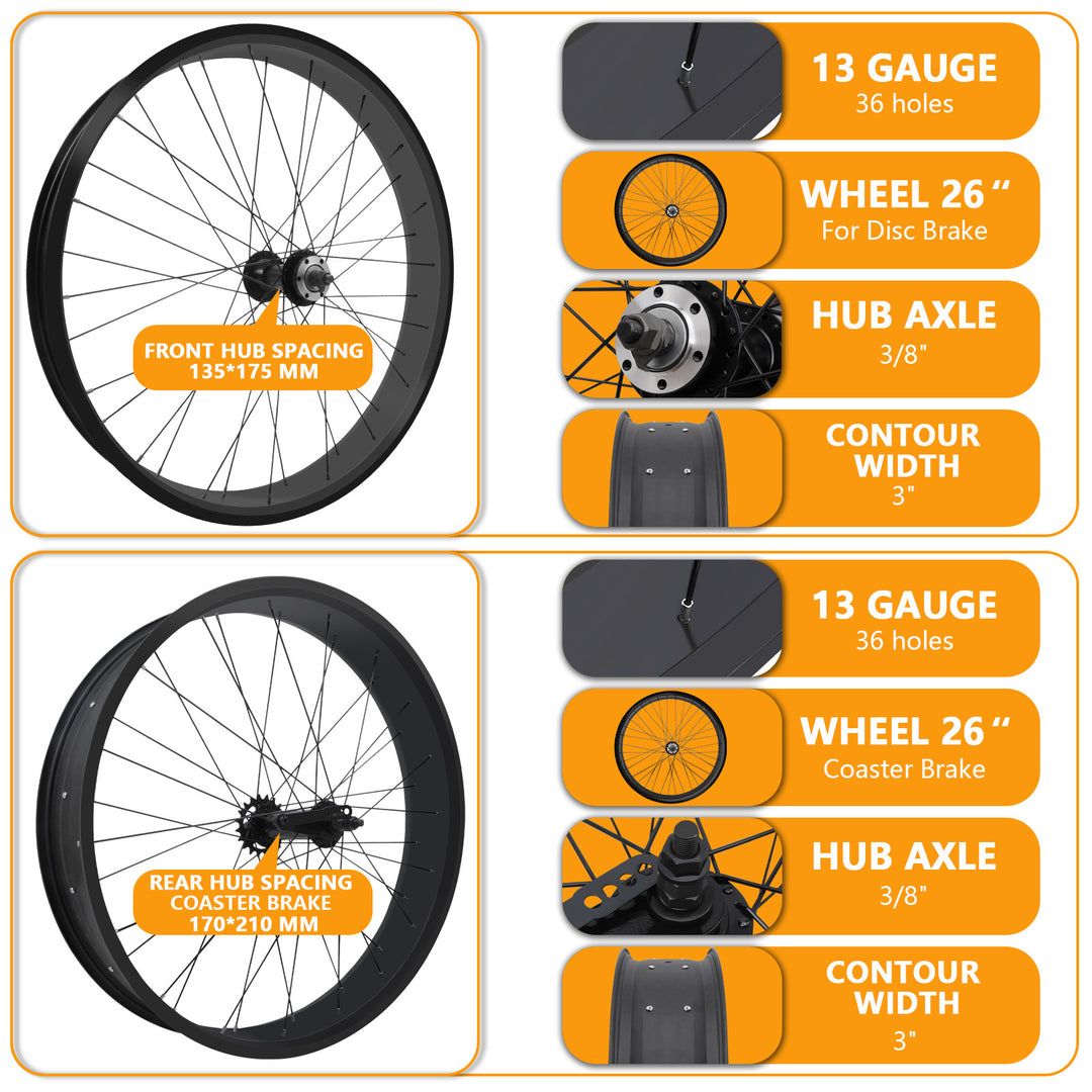 Micargi WH-T752636C 26"x3"x13Gx36H Alloy FAT Rims Wheel Set.