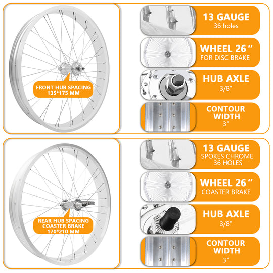 Micargi WH-T752636C 26"x3"x13Gx36H Alloy FAT Rims Wheel Set.