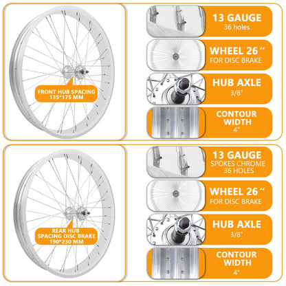 Micagi WH-T952636D7 26"x3"x13Gx36H  Alloy FAT Rims Set for 26"x3.0,4.0 tire 7-Speed
