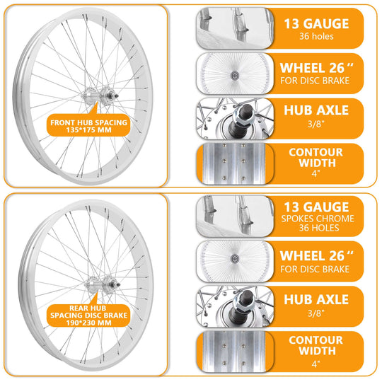 Micagi WH-T952636D7 26"x3"x13Gx36H Alloy FAT Rims Set for 26"x3.0,4.0 tire 7-Speed