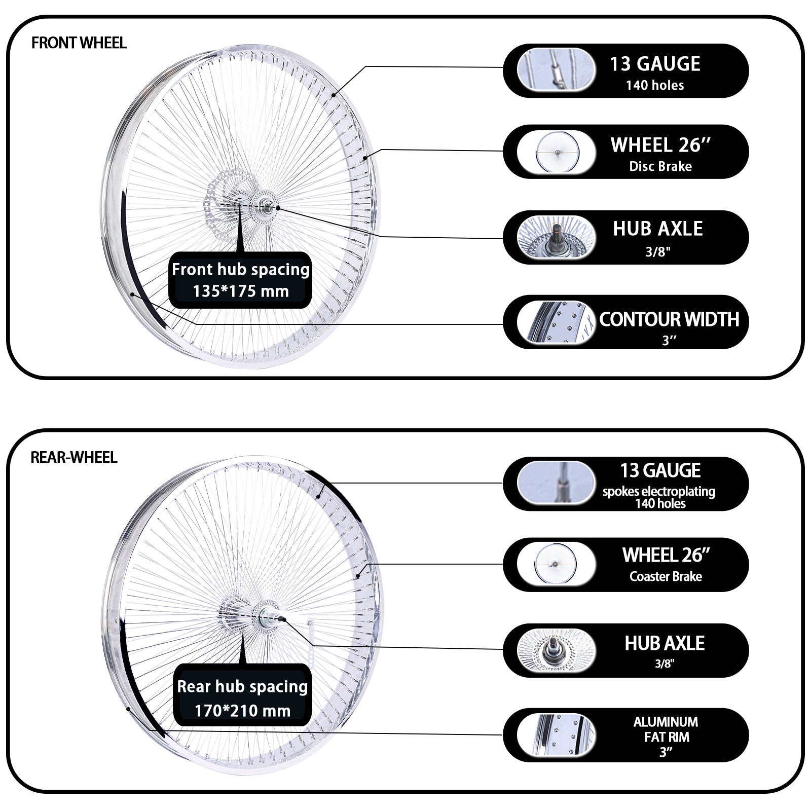 【 sige  】 Micargi WH-TH7526140C-CP Lowrider 26*3 Alloy Chrome Fat Rims
