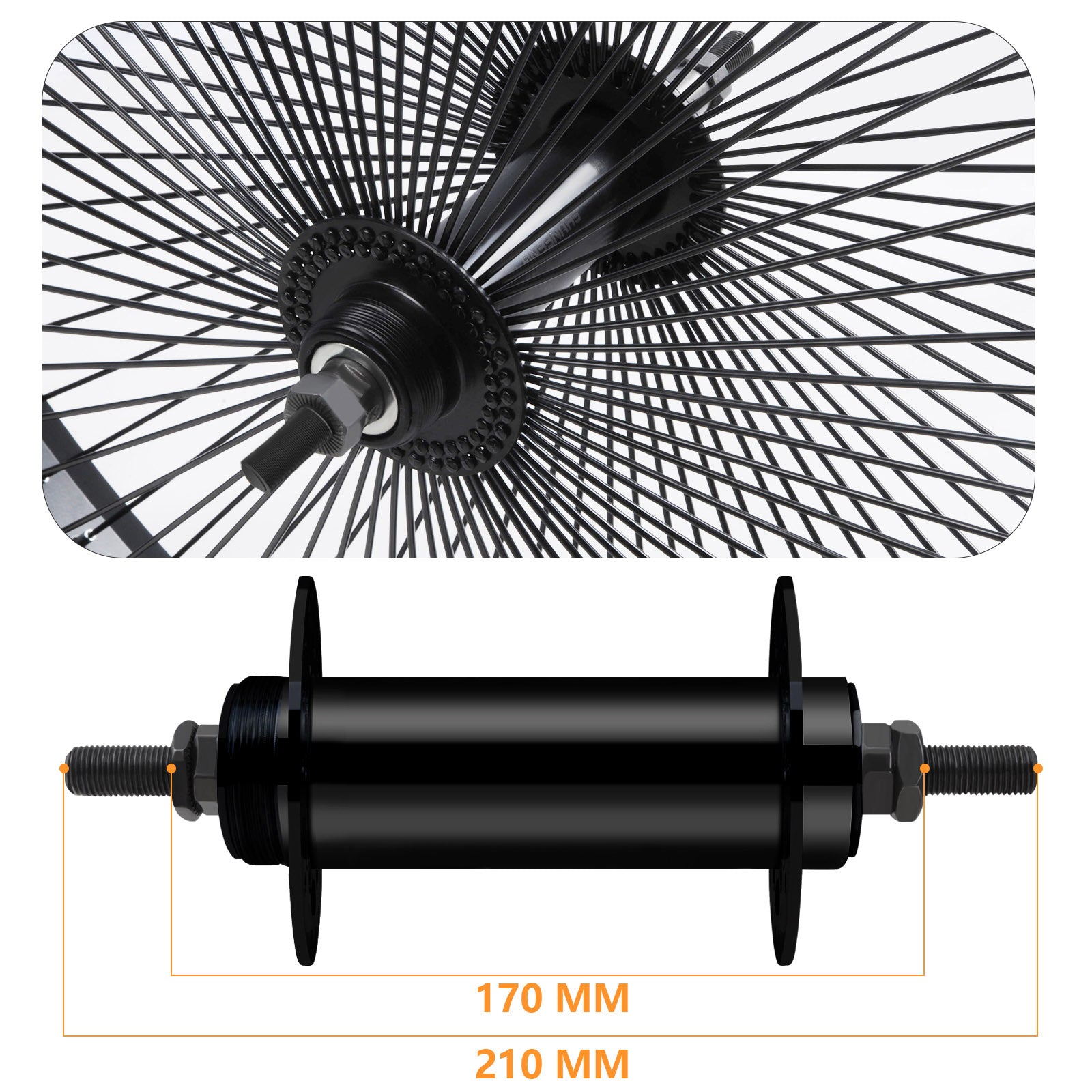 Close up of Micargi 170mm 210mm Fat Hub Wheel Set 26 inch Black