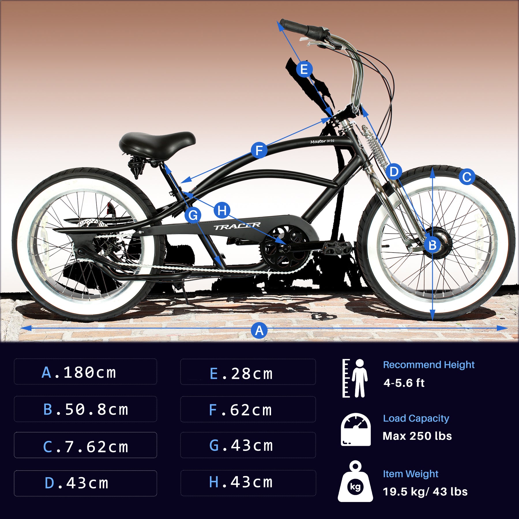 Master 3i 20-inch 3-speed stretch chopper cruiser bike