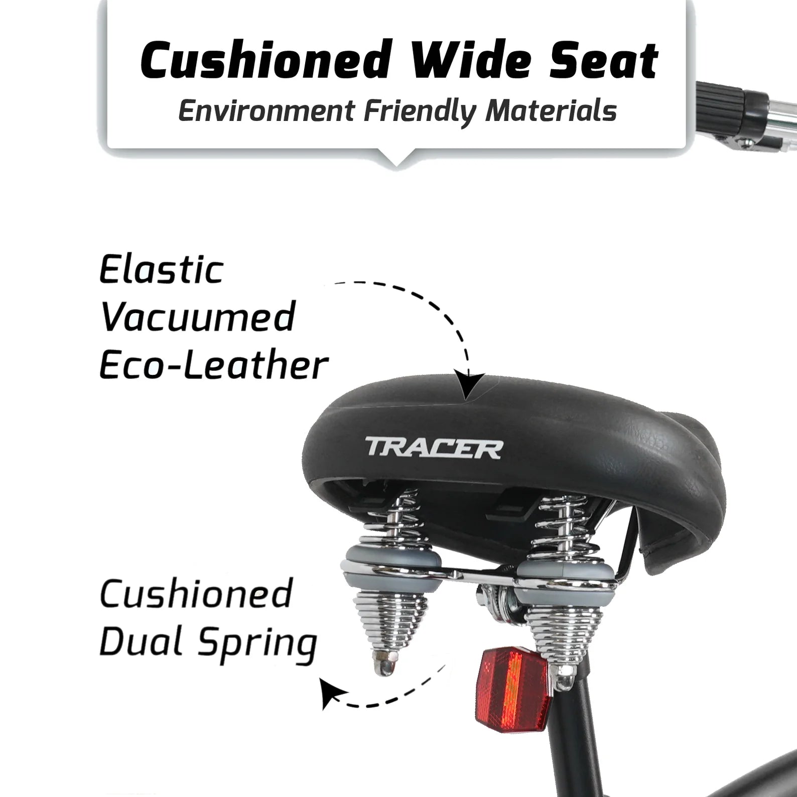 close up of Tracer Avalon GT7 29" Beach Cruiser Bikes wide dual spring seat