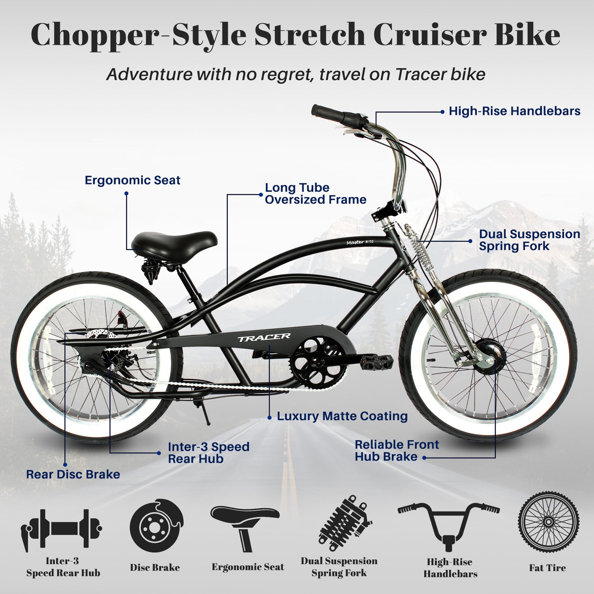 Master 3i 20-inch 3-speed stretch chopper cruiser bike