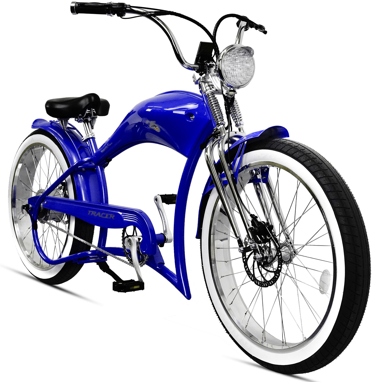 Side view of Tracer Twenty5 DS 500W Chopper Cruiser E-Bike bright headlight