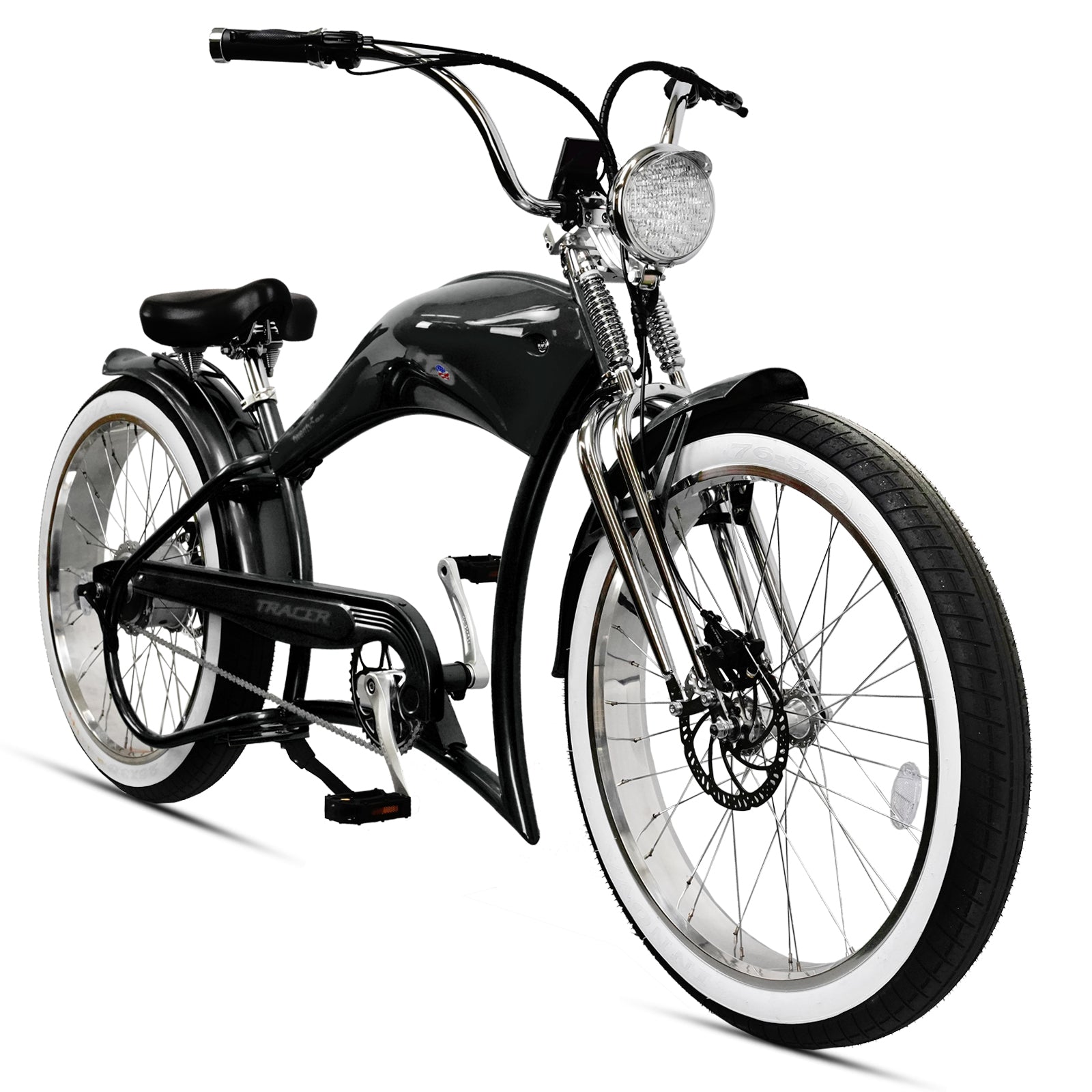Side view of Tracer Twenty5 DS 500W Chopper Cruiser E-Bike dual spring fork