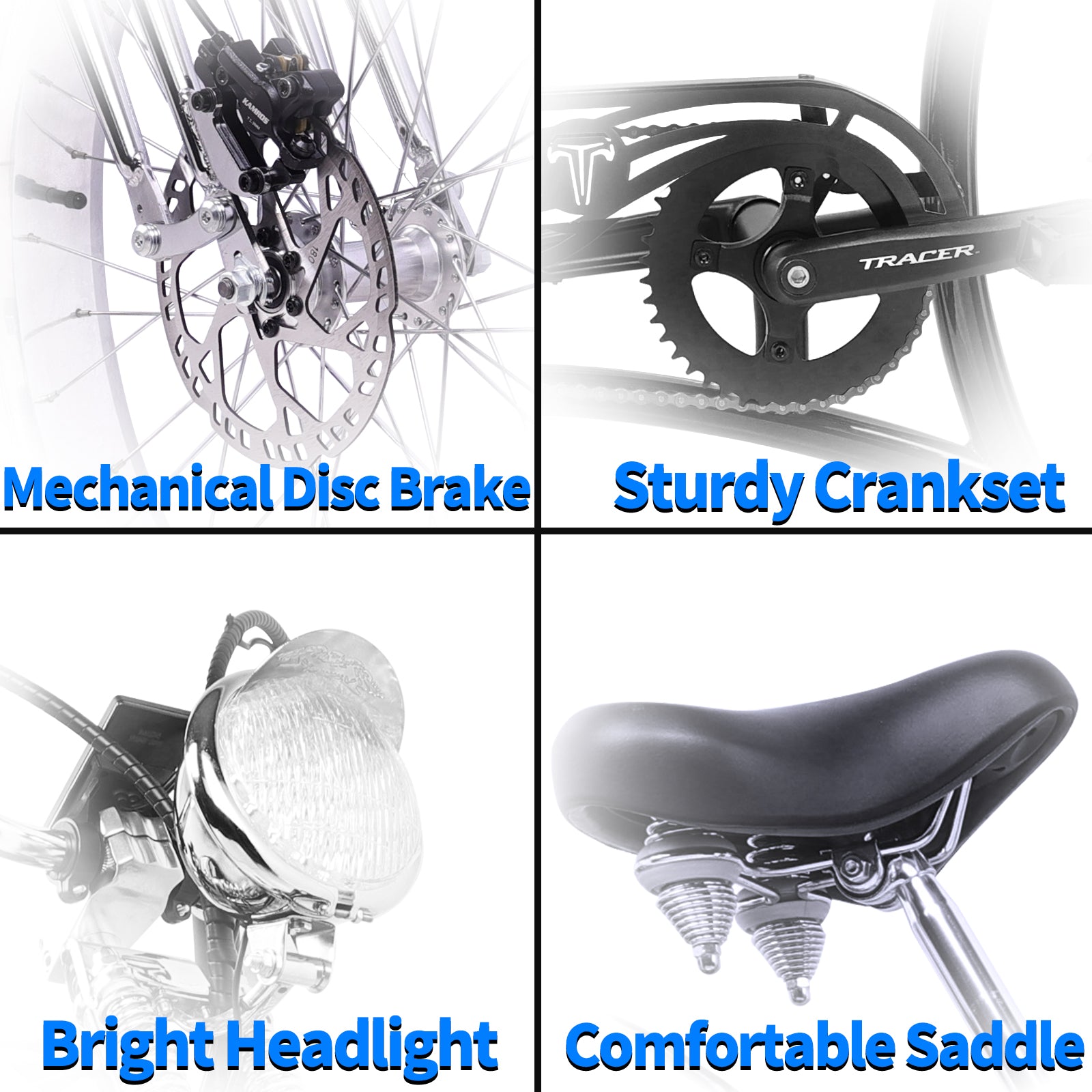 Close up of Tracer Twenty5 DS 500W Chopper Cruiser E-Bike sturdy CRANKSET DISC BRAKE
