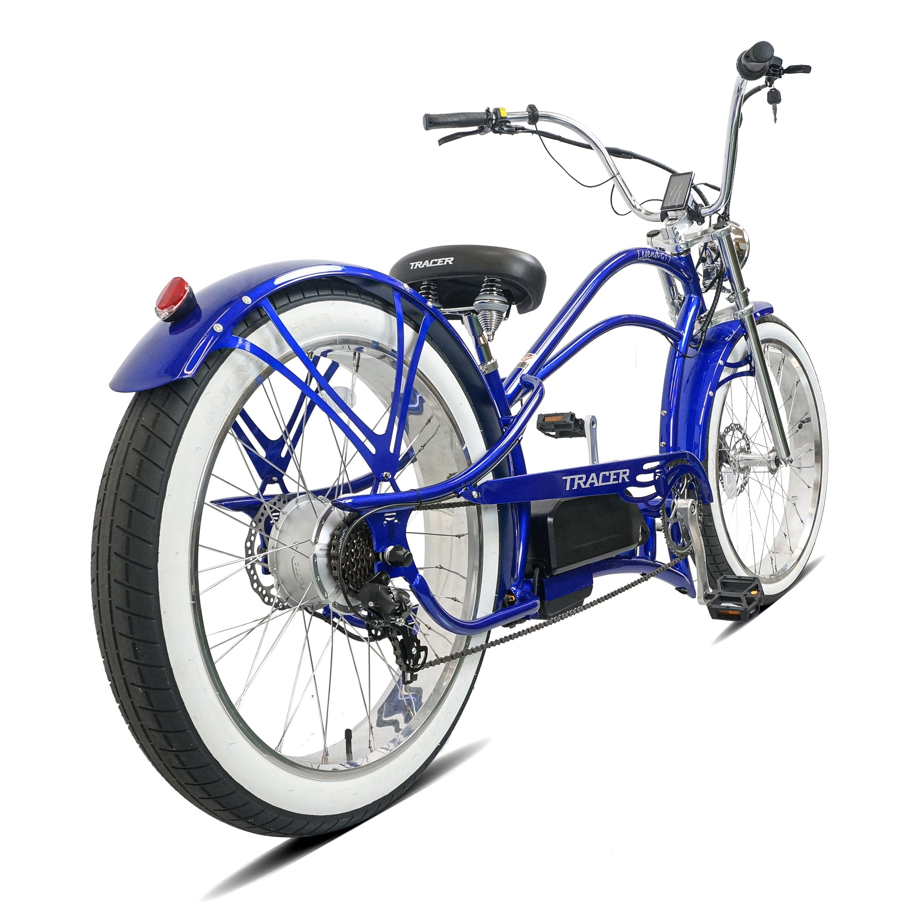 Side view of Tracer Legend Stretch Cruiser Electric Bike with comfortable saddle powerful 1000W motor 