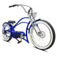 Side view of Tracer Legend Electric Bike with chrome triple tree fork White Wall Tire in blue