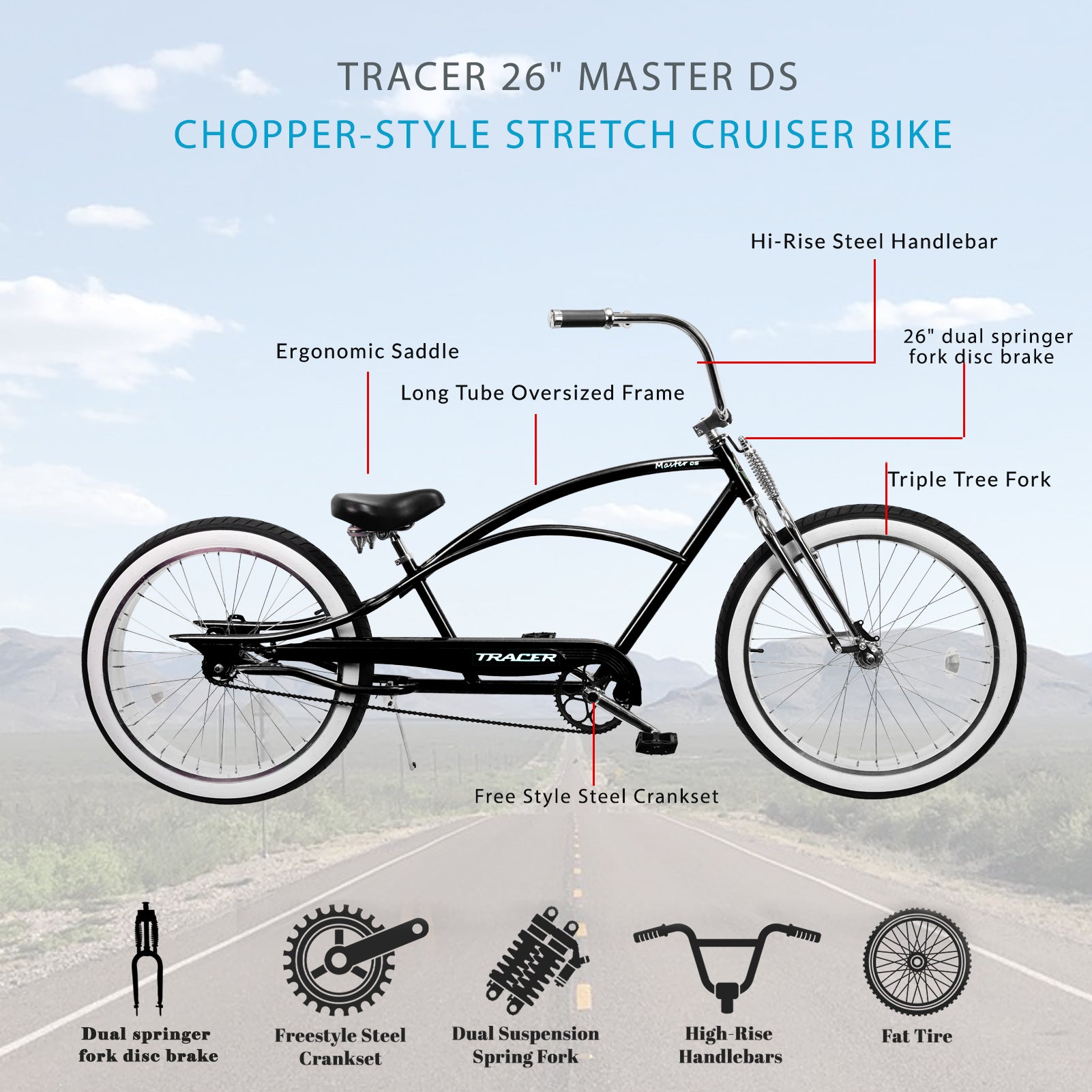 Master DS 26-inch dual springer chopper stretch cruiser bike