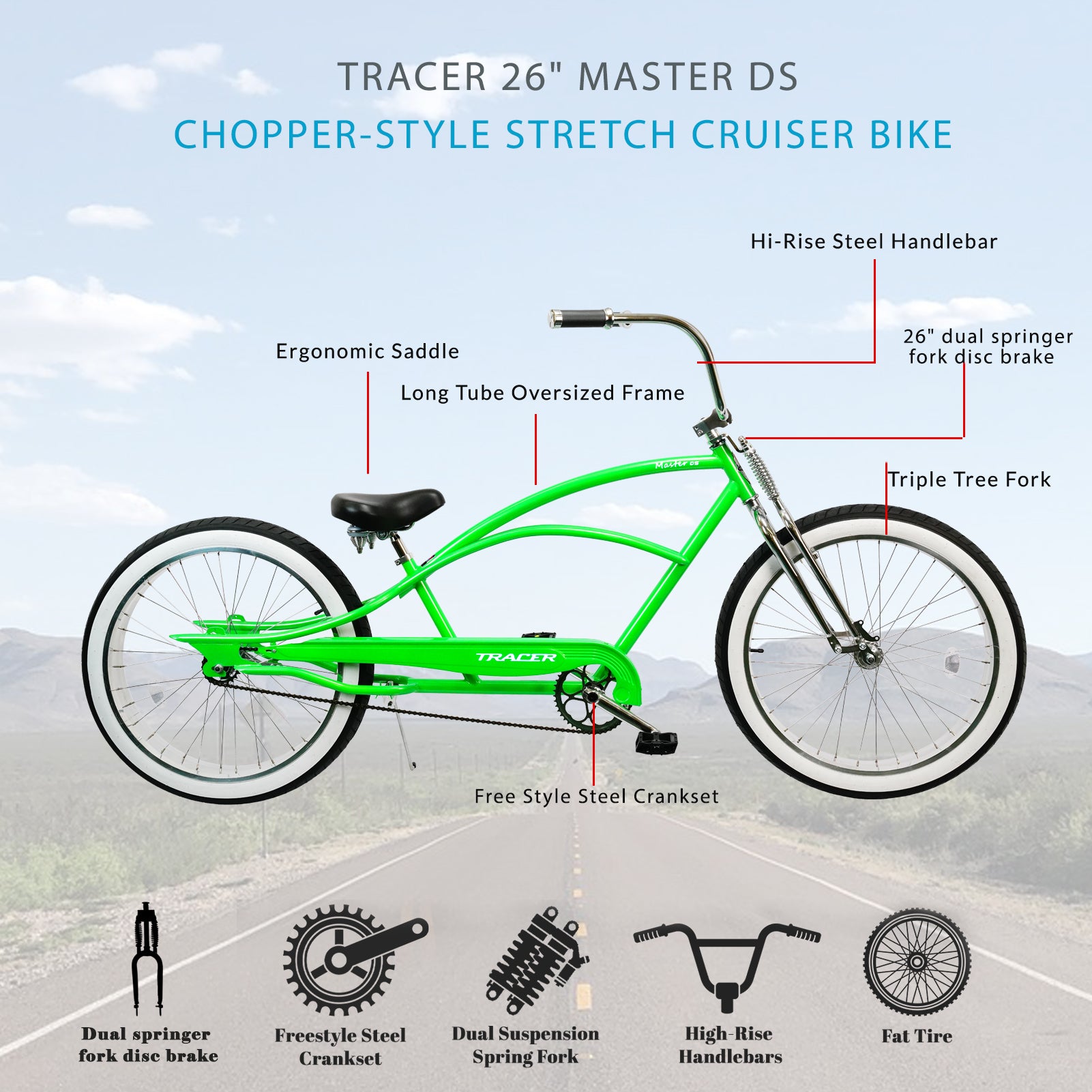 Master DS 26-inch dual springer chopper stretch cruiser bike