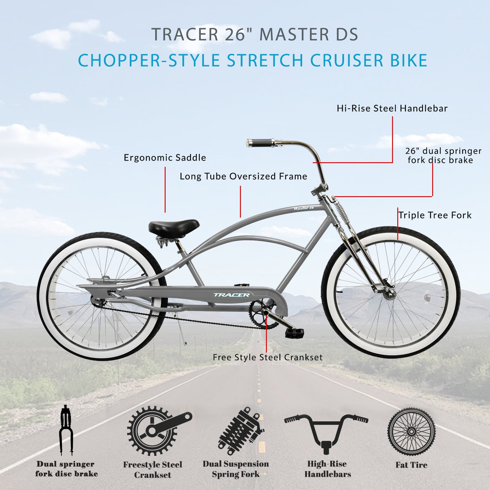 Master DS 26-inch dual springer chopper stretch cruiser bike