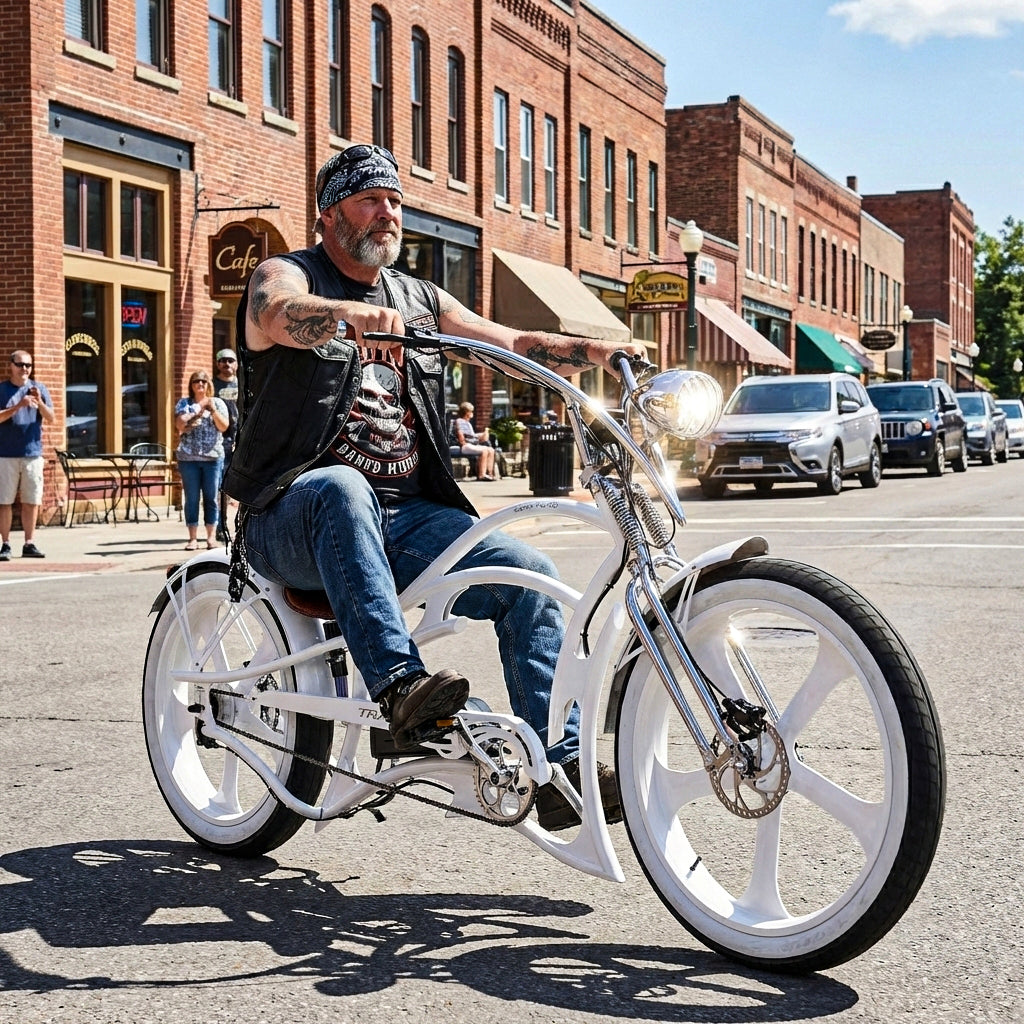 custom electric chopper bicycle Tracer Raptor 800W Stretch Cruiser Chopper Ebike Blue