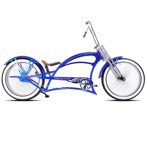 stretch lowrider bicycle Tracer KRAKER PRO 26 Inch Chopper for Adult,Single Speed Men Bike with Oversized Hi-Ten Stretch Steel Frame,Front Wheel 26 * 3.5,Rear Wheel 26 * 4.0 Multiple Colors ( Featuring an iconic frame and springer fork Vintage details include high Low-slung stretch bike with unique