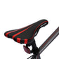 Close up of Micargi Cross 5.0 700c Hybrid Road Bike black red saddle