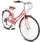 Side view of Micargi Roasca Step Through 700C Hybrid City Bikes 7 Speed in red with rack