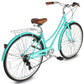 Side view of Micargi Roasca Step Through 700C Hybrid City Bikes 7 Speed in green with rack